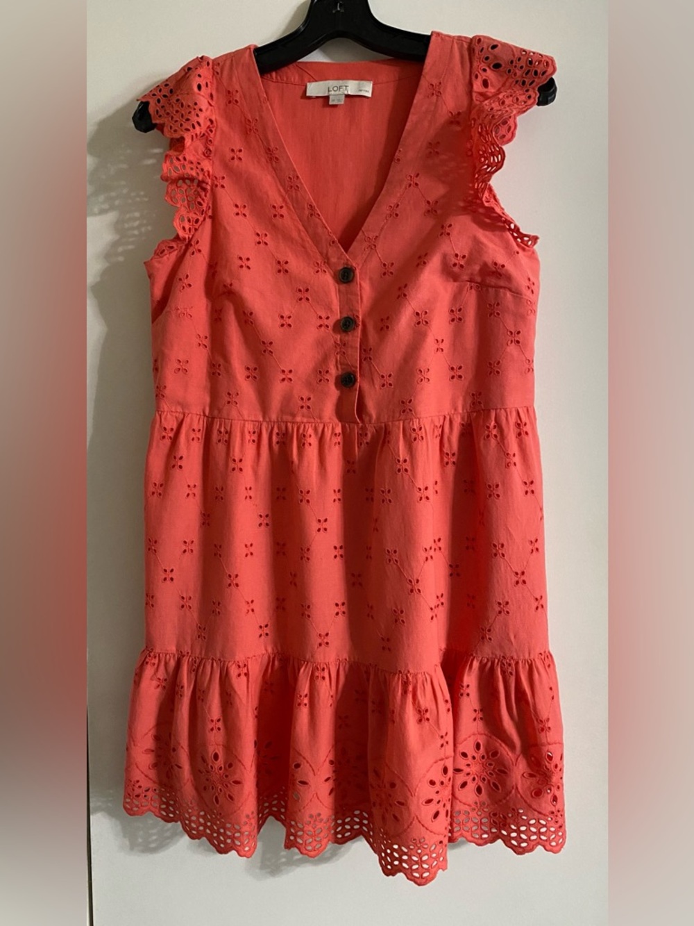 LOFT Coral Eyelet Ruffle swing Sundress with attached slip